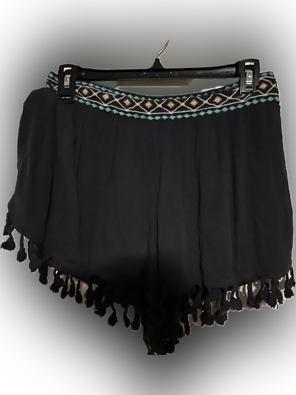 coco and jameson dark grey gauzy tassel trim shorts with embroidered waistband